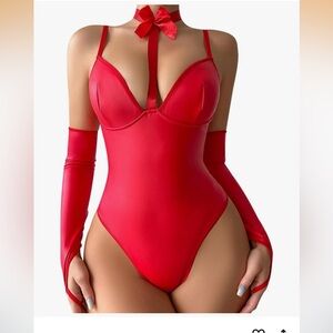 Elegant PU Leather Solid red Color Sexy Lingerie Suit For All